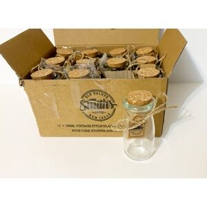 12 Smith's Vintage Style Clear Glass Favor Bottles w/Cork Stopper & Tags, NEW